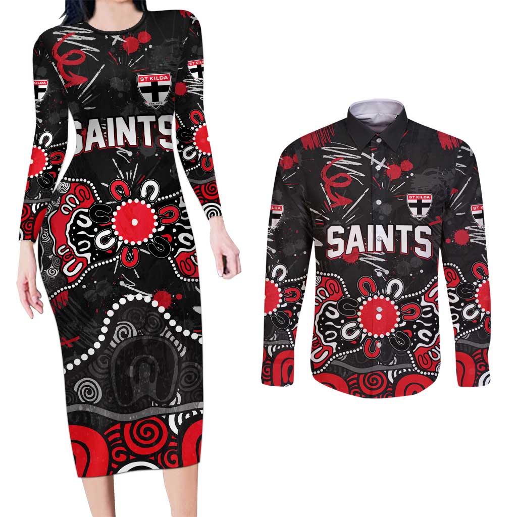 Personalized St Kilda Saints Couples Matching Long Sleeve Bodycon Dress and Long Sleeve Button Shirt Aboriginal Dot Painting Graffiti Style