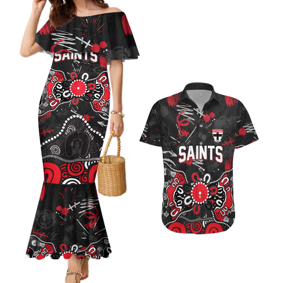 Personalized St Kilda Saints Couples Matching Mermaid Dress and Hawaiian Shirt Aboriginal Dot Painting Graffiti Style