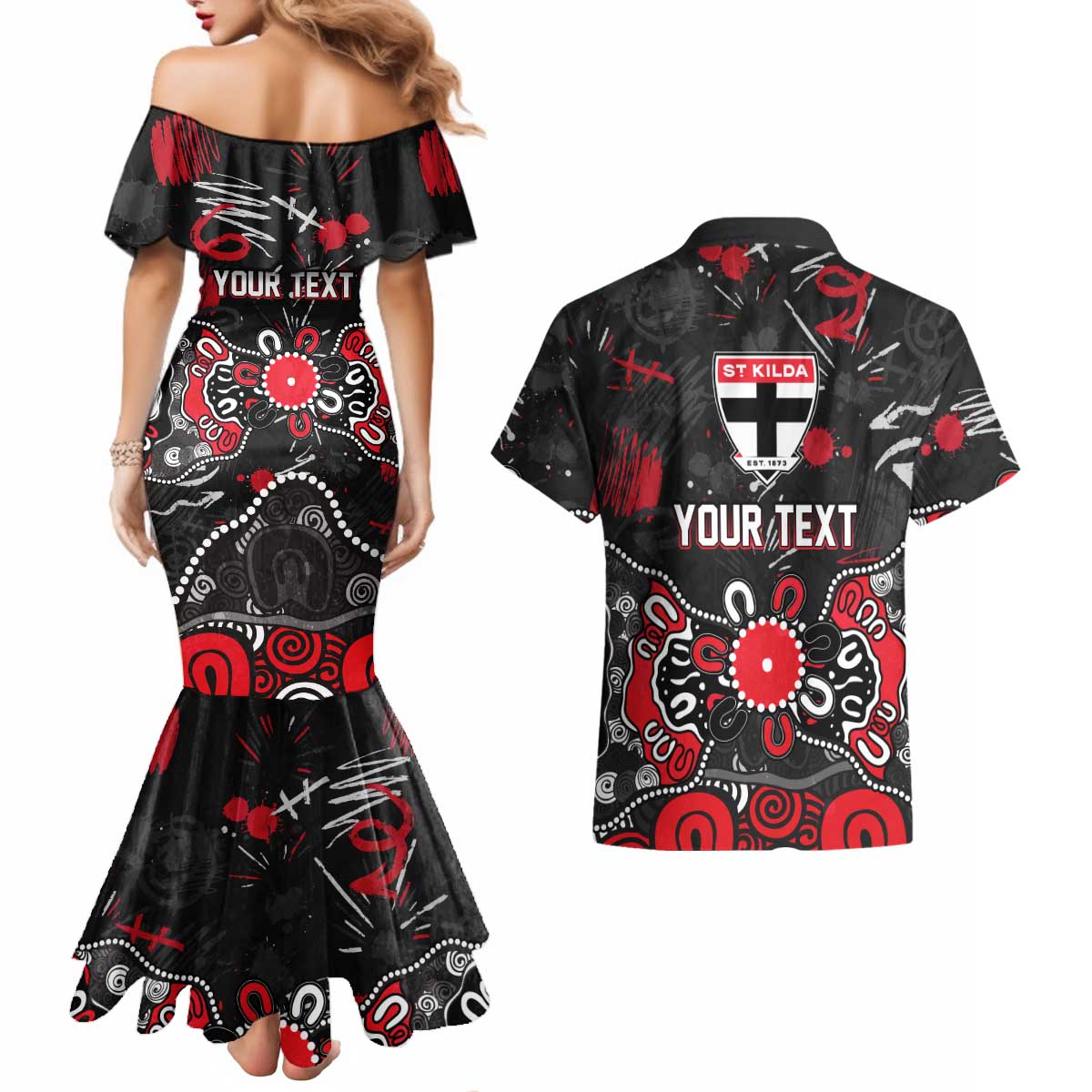 Personalized St Kilda Saints Couples Matching Mermaid Dress and Hawaiian Shirt Aboriginal Dot Painting Graffiti Style