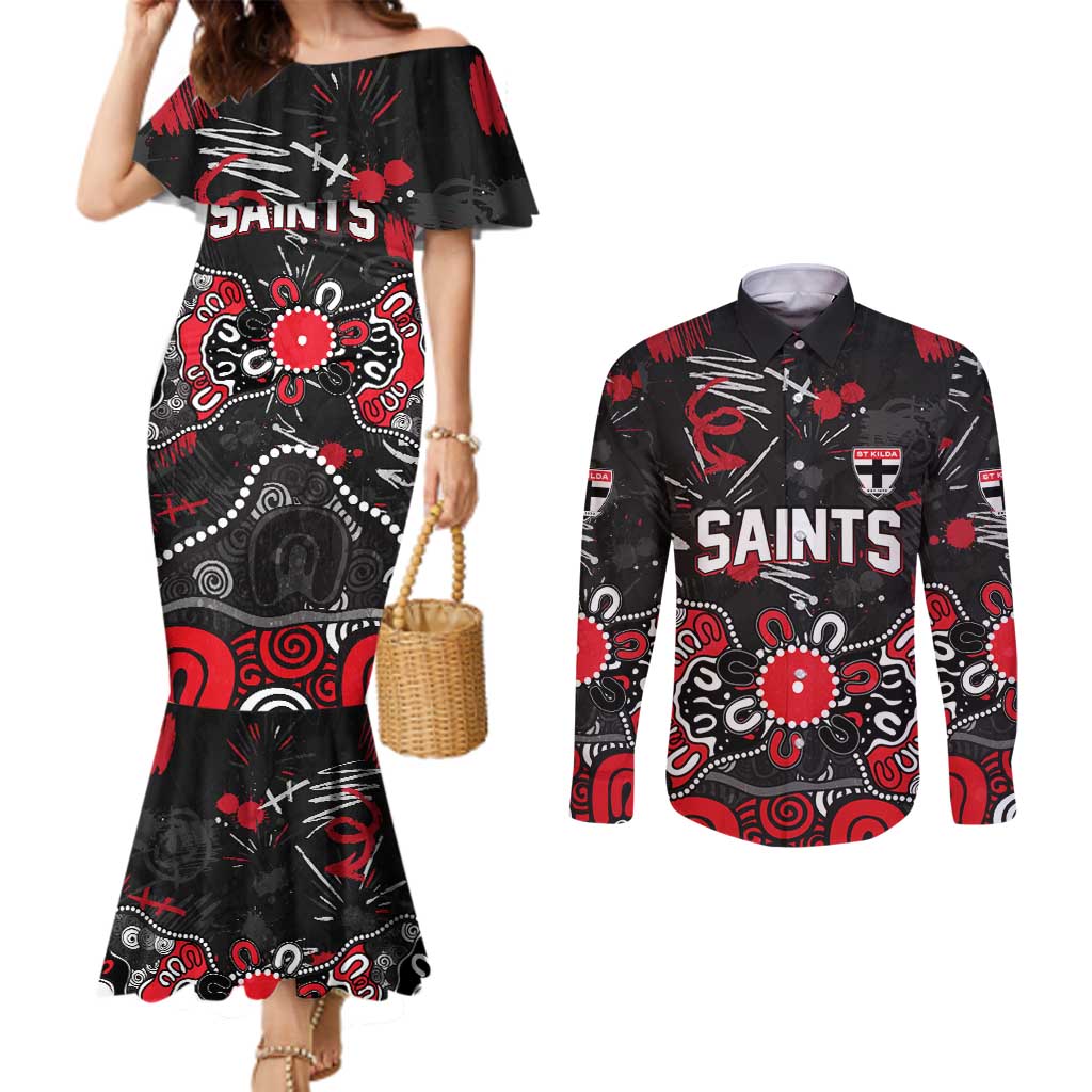 Personalized St Kilda Saints Couples Matching Mermaid Dress and Long Sleeve Button Shirt Aboriginal Dot Painting Graffiti Style