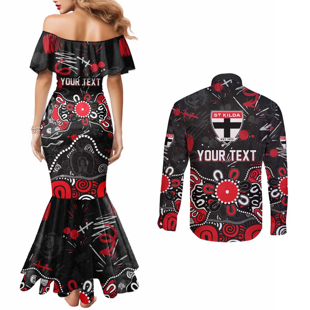 Personalized St Kilda Saints Couples Matching Mermaid Dress and Long Sleeve Button Shirt Aboriginal Dot Painting Graffiti Style