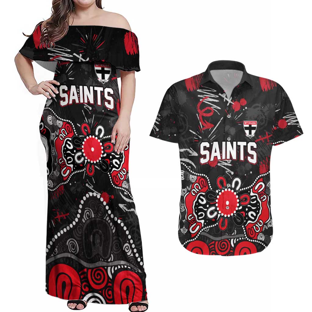 Personalized St Kilda Saints Couples Matching Off Shoulder Maxi Dress and Hawaiian Shirt Aboriginal Dot Painting Graffiti Style
