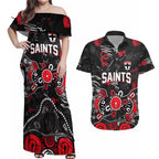 Personalized St Kilda Saints Couples Matching Off Shoulder Maxi Dress and Hawaiian Shirt Aboriginal Dot Painting Graffiti Style