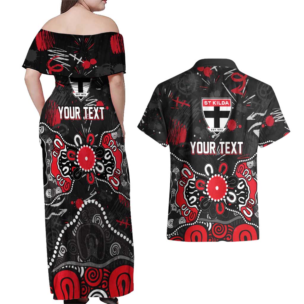 Personalized St Kilda Saints Couples Matching Off Shoulder Maxi Dress and Hawaiian Shirt Aboriginal Dot Painting Graffiti Style