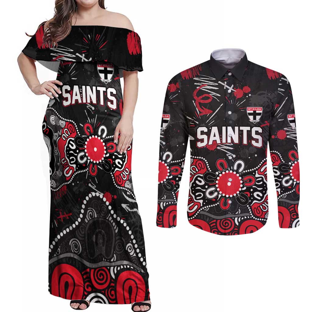 Personalized St Kilda Saints Couples Matching Off Shoulder Maxi Dress and Long Sleeve Button Shirt Aboriginal Dot Painting Graffiti Style