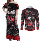 Personalized St Kilda Saints Couples Matching Off Shoulder Maxi Dress and Long Sleeve Button Shirt Aboriginal Dot Painting Graffiti Style