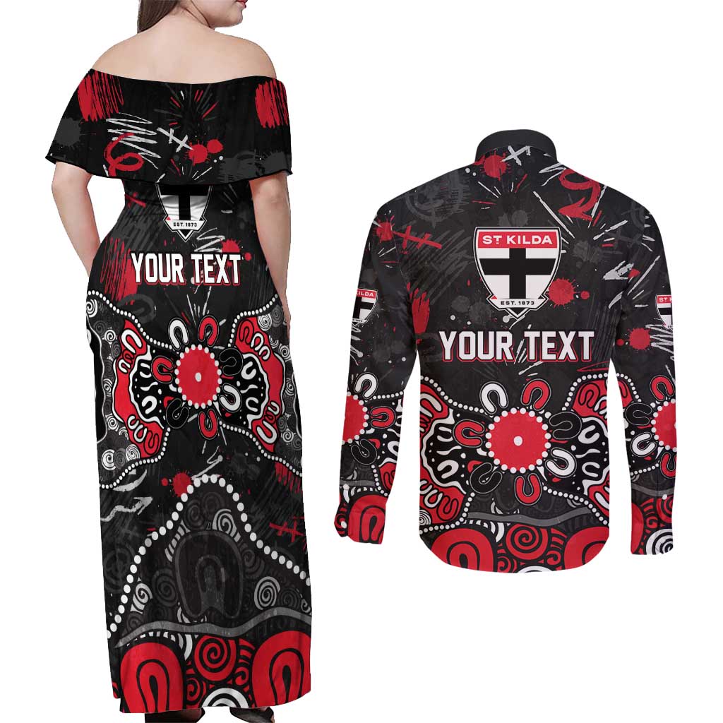 Personalized St Kilda Saints Couples Matching Off Shoulder Maxi Dress and Long Sleeve Button Shirt Aboriginal Dot Painting Graffiti Style