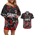 Personalized St Kilda Saints Couples Matching Off Shoulder Short Dress and Hawaiian Shirt Aboriginal Dot Painting Graffiti Style