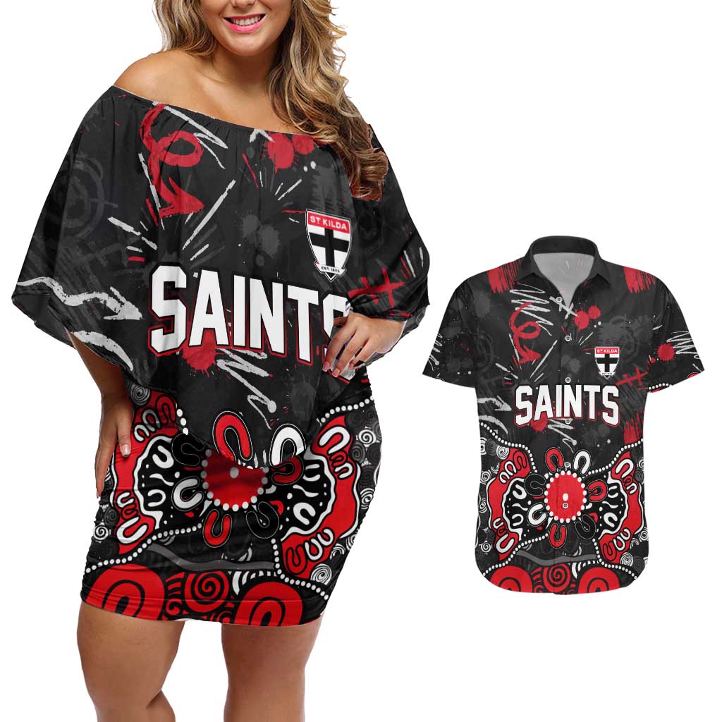 Personalized St Kilda Saints Couples Matching Off Shoulder Short Dress and Hawaiian Shirt Aboriginal Dot Painting Graffiti Style