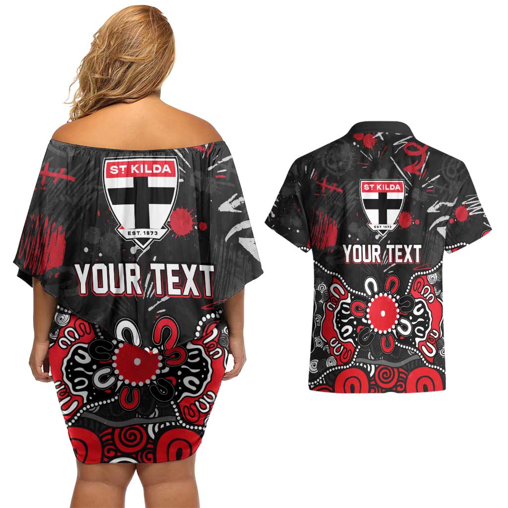 Personalized St Kilda Saints Couples Matching Off Shoulder Short Dress and Hawaiian Shirt Aboriginal Dot Painting Graffiti Style
