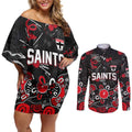 Personalized St Kilda Saints Couples Matching Off Shoulder Short Dress and Long Sleeve Button Shirt Aboriginal Dot Painting Graffiti Style