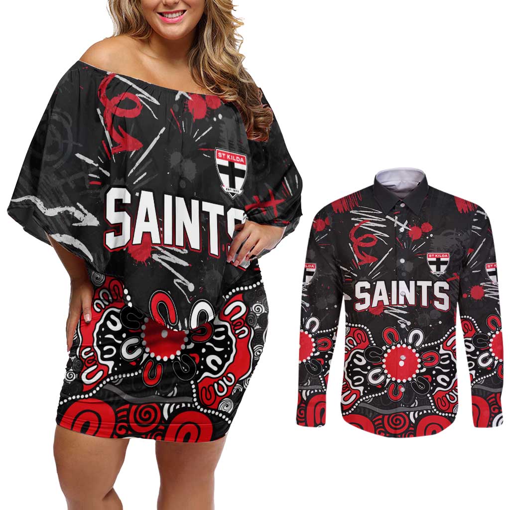 Personalized St Kilda Saints Couples Matching Off Shoulder Short Dress and Long Sleeve Button Shirt Aboriginal Dot Painting Graffiti Style