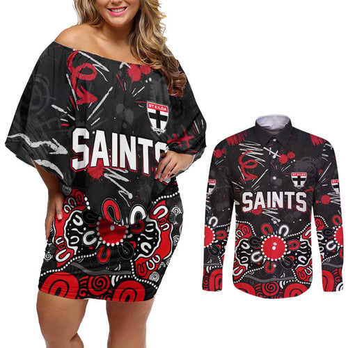 Personalized St Kilda Saints Couples Matching Off Shoulder Short Dress and Long Sleeve Button Shirt Aboriginal Dot Painting Graffiti Style