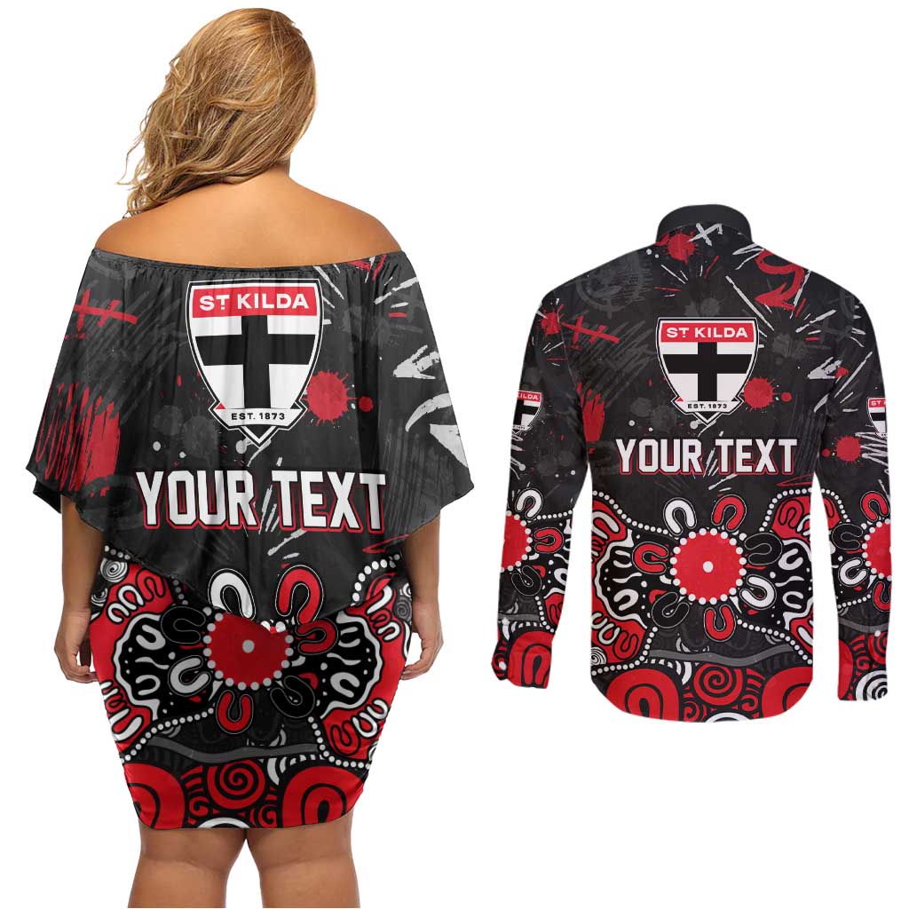 Personalized St Kilda Saints Couples Matching Off Shoulder Short Dress and Long Sleeve Button Shirt Aboriginal Dot Painting Graffiti Style