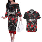 Personalized St Kilda Saints Couples Matching Off The Shoulder Long Sleeve Dress and Hawaiian Shirt Aboriginal Dot Painting Graffiti Style
