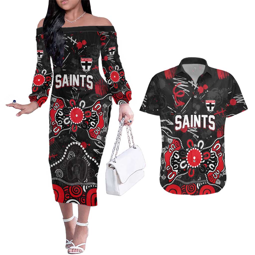 Personalized St Kilda Saints Couples Matching Off The Shoulder Long Sleeve Dress and Hawaiian Shirt Aboriginal Dot Painting Graffiti Style
