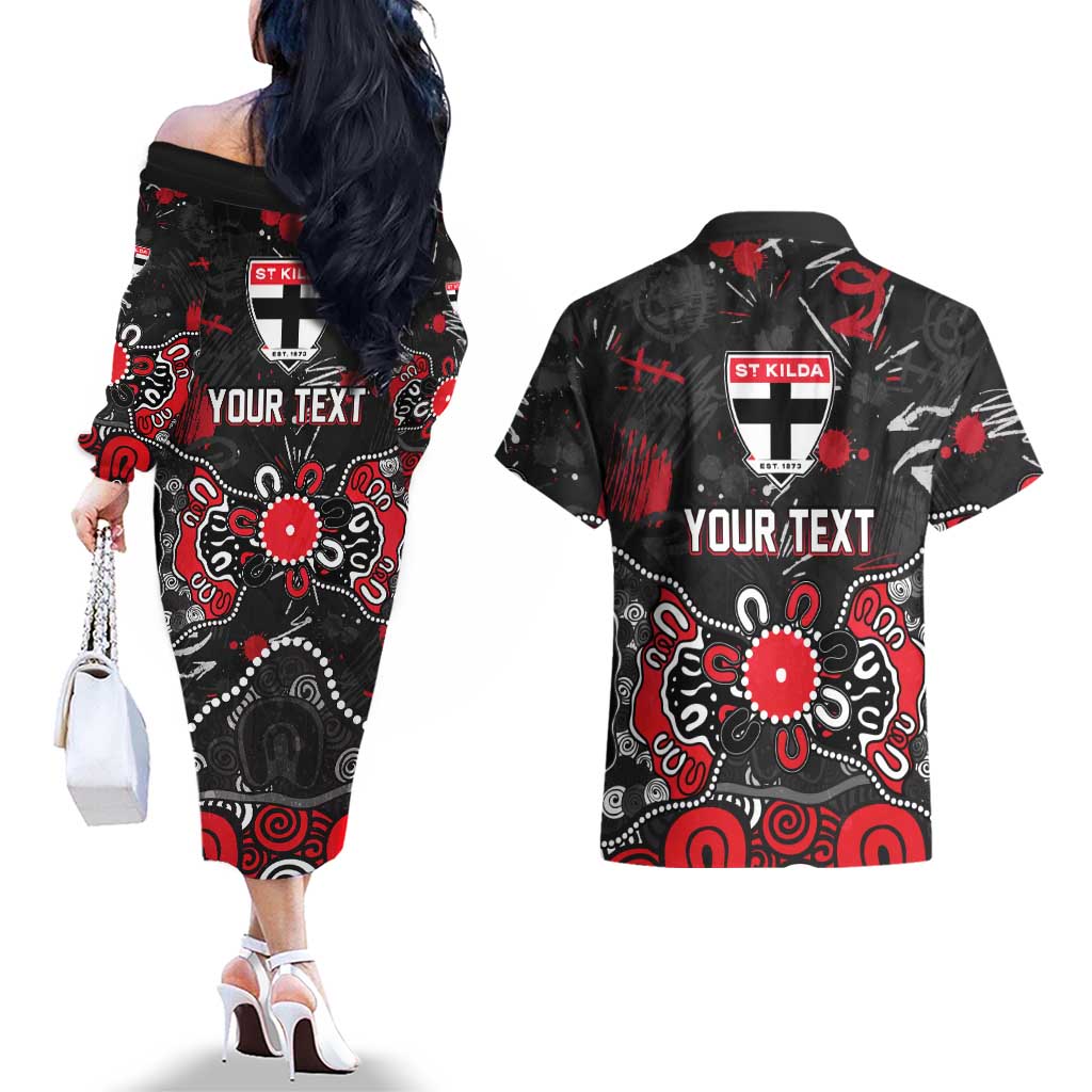Personalized St Kilda Saints Couples Matching Off The Shoulder Long Sleeve Dress and Hawaiian Shirt Aboriginal Dot Painting Graffiti Style