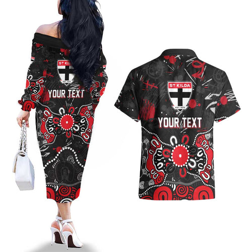 Personalized St Kilda Saints Couples Matching Off The Shoulder Long Sleeve Dress and Hawaiian Shirt Aboriginal Dot Painting Graffiti Style