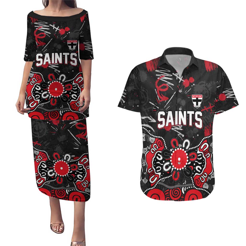 Personalized St Kilda Saints Couples Matching Puletasi and Hawaiian Shirt Aboriginal Dot Painting Graffiti Style