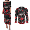 Personalized St Kilda Saints Couples Matching Puletasi and Long Sleeve Button Shirt Aboriginal Dot Painting Graffiti Style