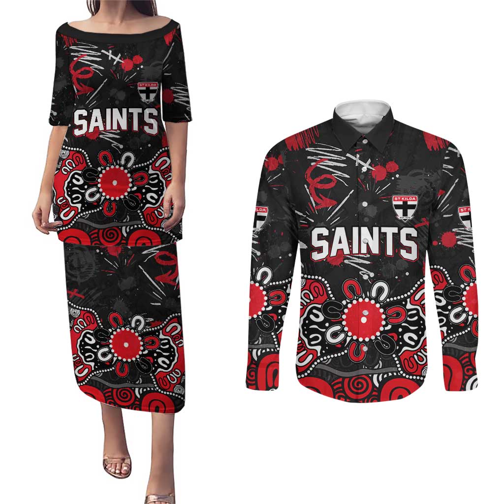 Personalized St Kilda Saints Couples Matching Puletasi and Long Sleeve Button Shirt Aboriginal Dot Painting Graffiti Style