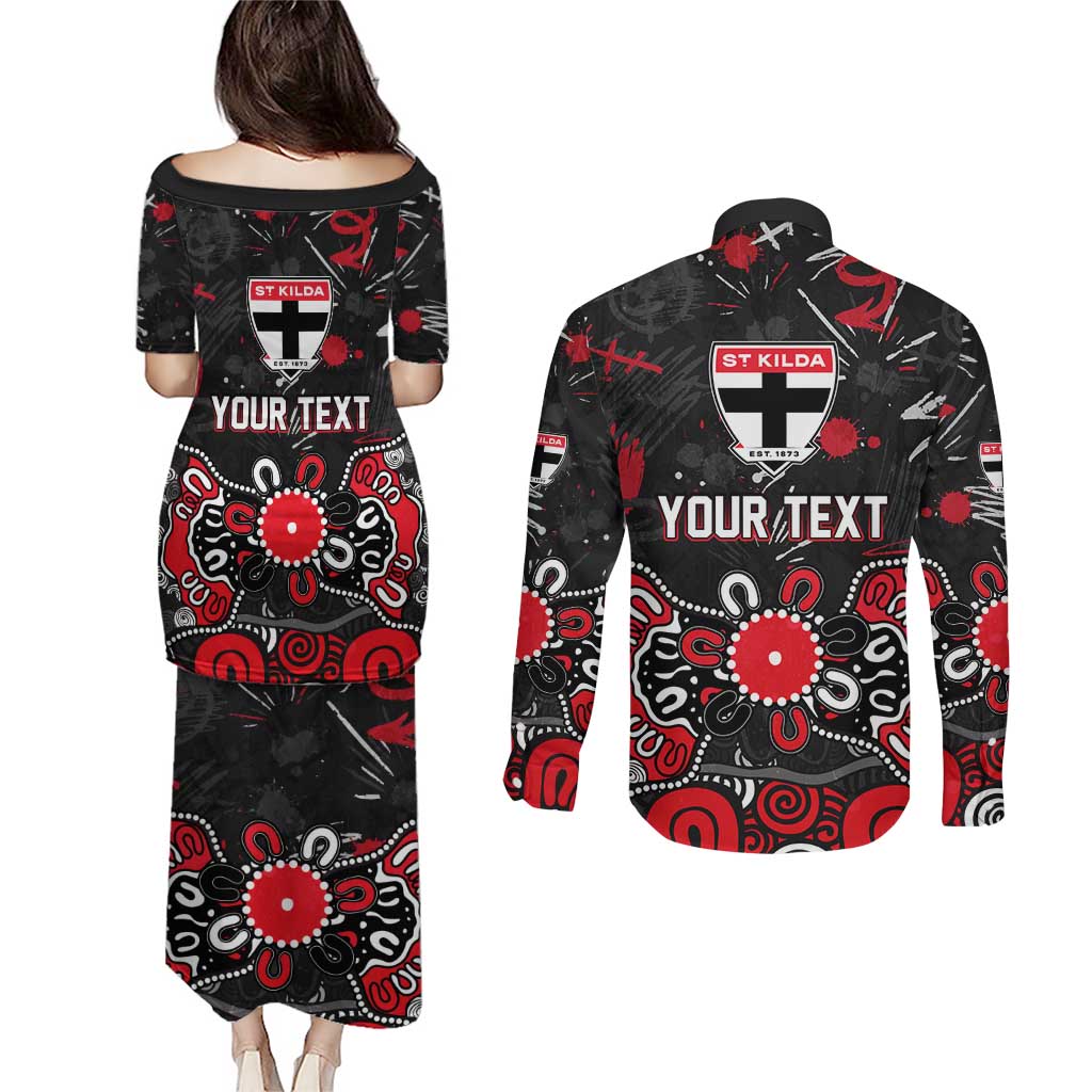 Personalized St Kilda Saints Couples Matching Puletasi and Long Sleeve Button Shirt Aboriginal Dot Painting Graffiti Style