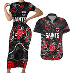 Personalized St Kilda Saints Couples Matching Short Sleeve Bodycon Dress and Hawaiian Shirt Aboriginal Dot Painting Graffiti Style