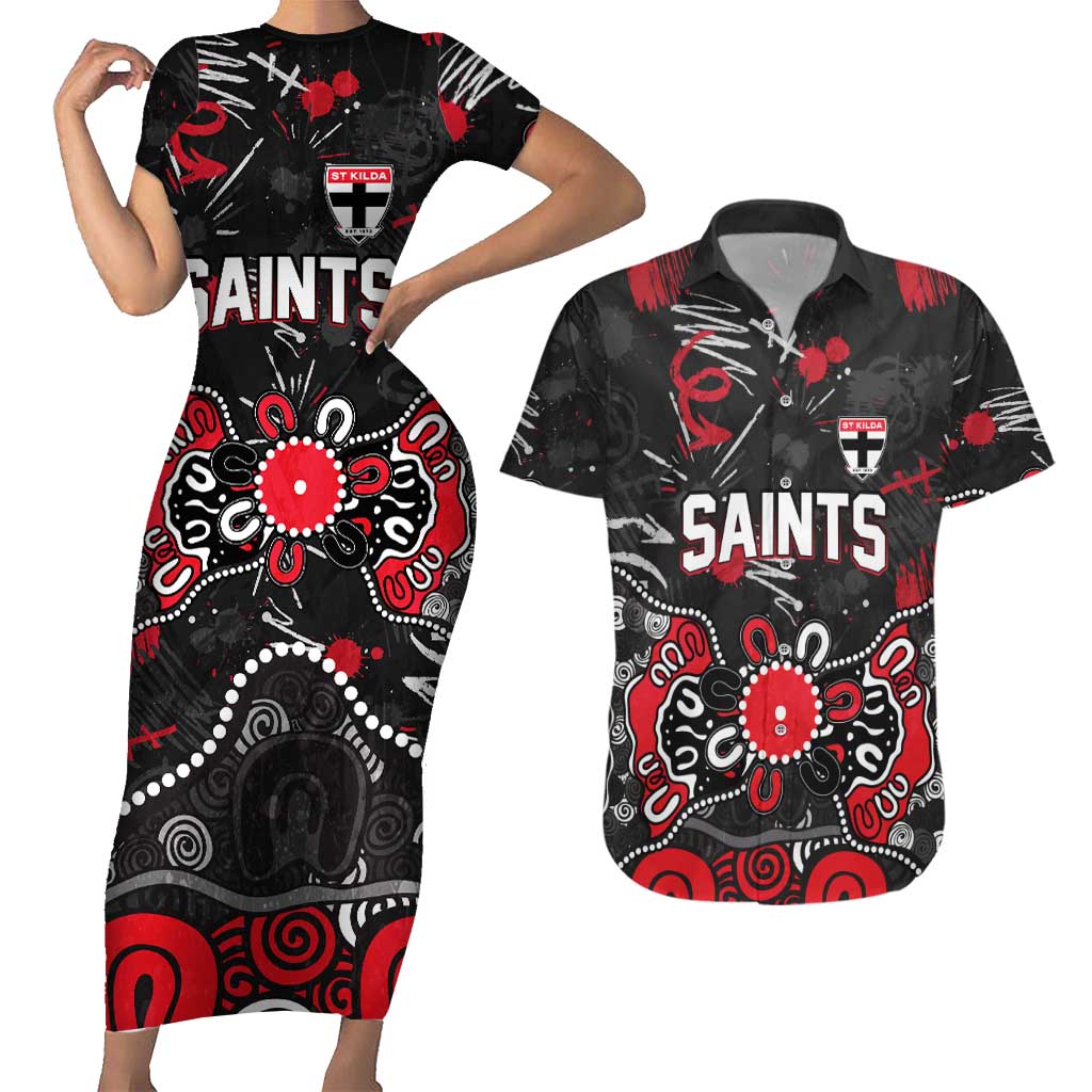 Personalized St Kilda Saints Couples Matching Short Sleeve Bodycon Dress and Hawaiian Shirt Aboriginal Dot Painting Graffiti Style