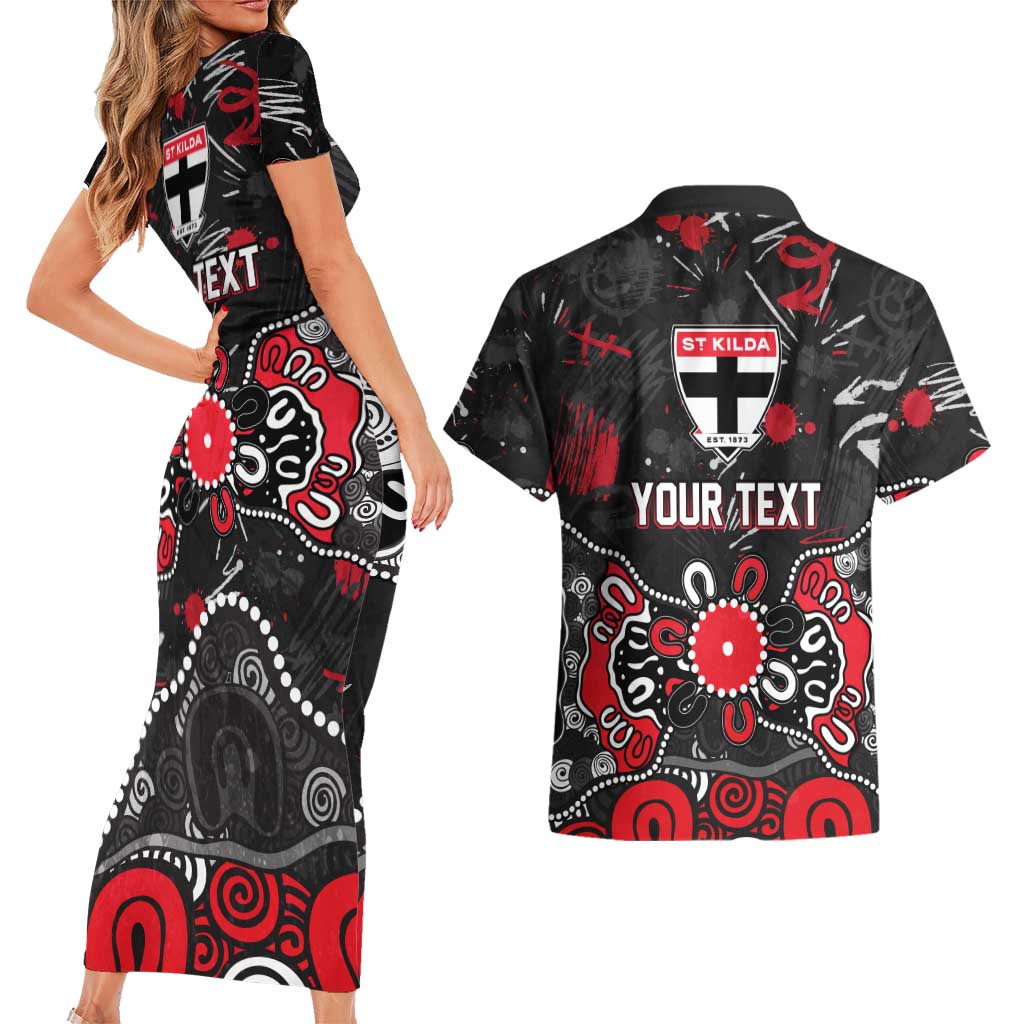 Personalized St Kilda Saints Couples Matching Short Sleeve Bodycon Dress and Hawaiian Shirt Aboriginal Dot Painting Graffiti Style