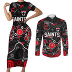 Personalized St Kilda Saints Couples Matching Short Sleeve Bodycon Dress and Long Sleeve Button Shirt Aboriginal Dot Painting Graffiti Style
