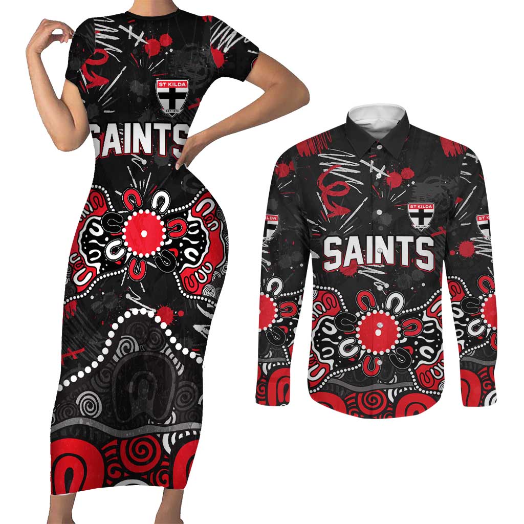 Personalized St Kilda Saints Couples Matching Short Sleeve Bodycon Dress and Long Sleeve Button Shirt Aboriginal Dot Painting Graffiti Style