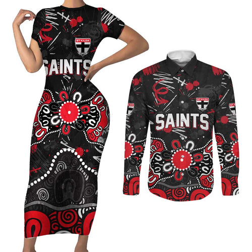 Personalized St Kilda Saints Couples Matching Short Sleeve Bodycon Dress and Long Sleeve Button Shirt Aboriginal Dot Painting Graffiti Style