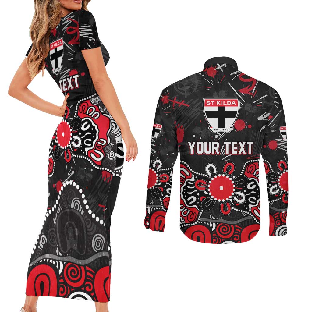 Personalized St Kilda Saints Couples Matching Short Sleeve Bodycon Dress and Long Sleeve Button Shirt Aboriginal Dot Painting Graffiti Style