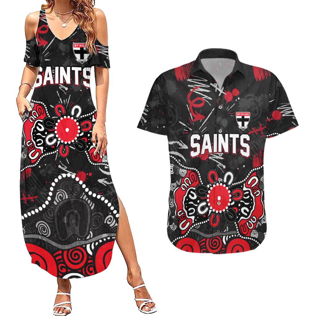 Personalized St Kilda Saints Couples Matching Summer Maxi Dress and Hawaiian Shirt Aboriginal Dot Painting Graffiti Style