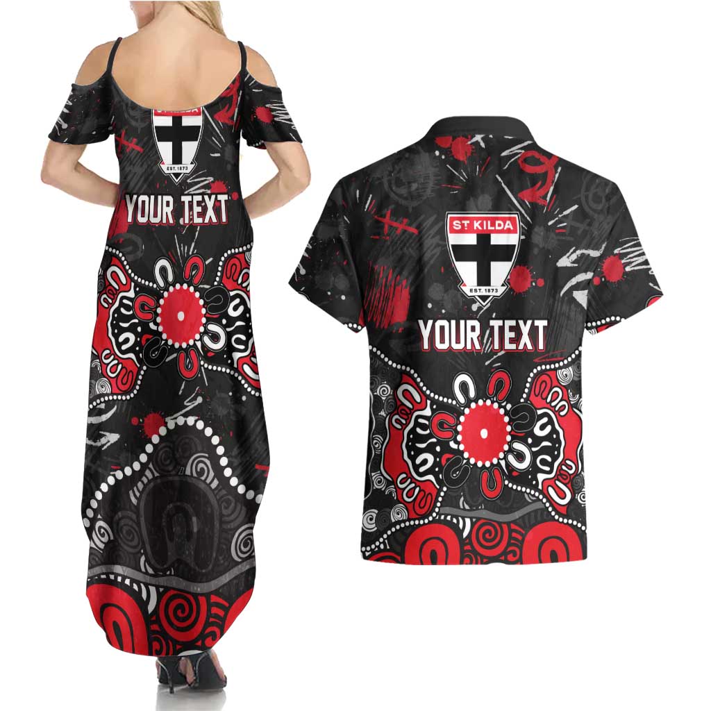 Personalized St Kilda Saints Couples Matching Summer Maxi Dress and Hawaiian Shirt Aboriginal Dot Painting Graffiti Style