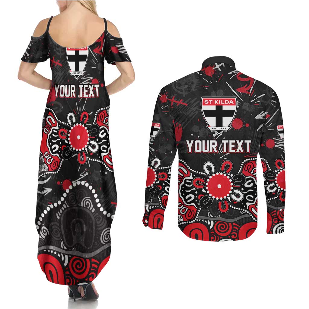 Personalized St Kilda Saints Couples Matching Summer Maxi Dress and Long Sleeve Button Shirt Aboriginal Dot Painting Graffiti Style