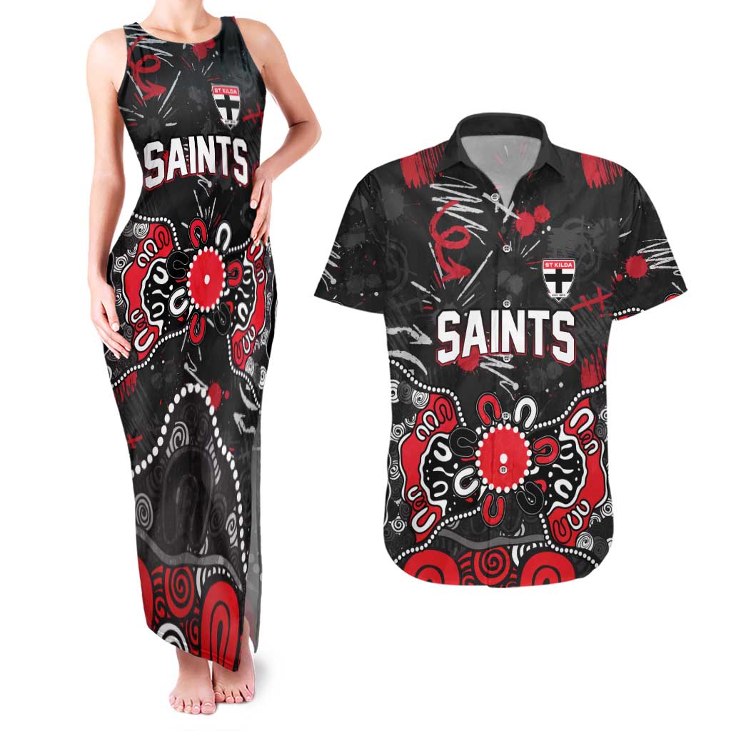 Personalized St Kilda Saints Couples Matching Tank Maxi Dress and Hawaiian Shirt Aboriginal Dot Painting Graffiti Style