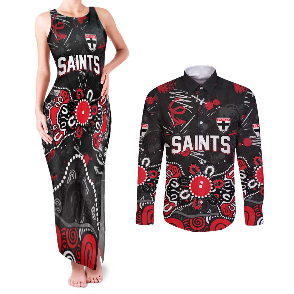 Personalized St Kilda Saints Couples Matching Tank Maxi Dress and Long Sleeve Button Shirt Aboriginal Dot Painting Graffiti Style