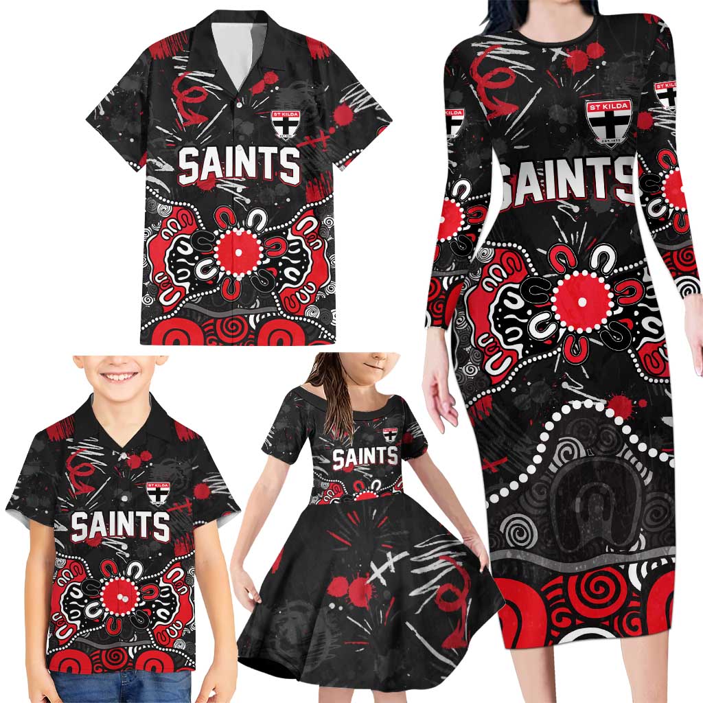 Personalized St Kilda Saints Family Matching Long Sleeve Bodycon Dress and Hawaiian Shirt Aboriginal Dot Painting Graffiti Style