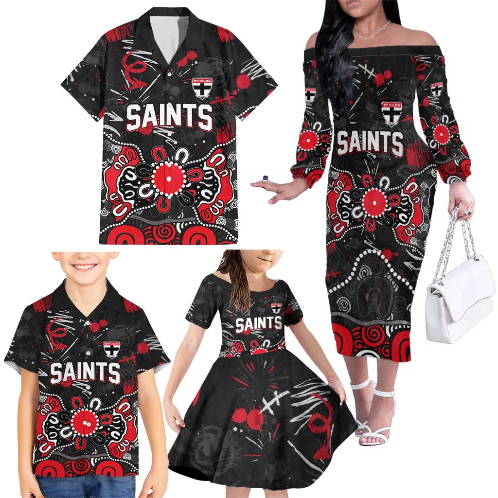 Personalized St Kilda Saints Family Matching Off The Shoulder Long Sleeve Dress and Hawaiian Shirt Aboriginal Dot Painting Graffiti Style