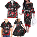Personalized St Kilda Saints Family Matching Off The Shoulder Long Sleeve Dress and Hawaiian Shirt Aboriginal Dot Painting Graffiti Style