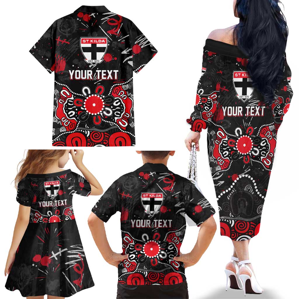 Personalized St Kilda Saints Family Matching Off The Shoulder Long Sleeve Dress and Hawaiian Shirt Aboriginal Dot Painting Graffiti Style