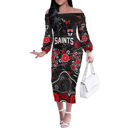 Personalized St Kilda Saints Family Matching Off The Shoulder Long Sleeve Dress and Hawaiian Shirt Aboriginal Dot Painting Graffiti Style