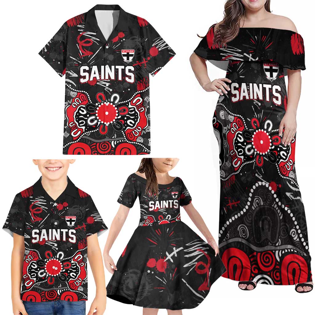 Personalized St Kilda Saints Family Matching Off Shoulder Maxi Dress and Hawaiian Shirt Aboriginal Dot Painting Graffiti Style