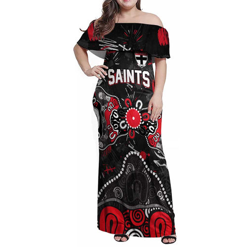 Personalized St Kilda Saints Family Matching Off Shoulder Maxi Dress and Hawaiian Shirt Aboriginal Dot Painting Graffiti Style