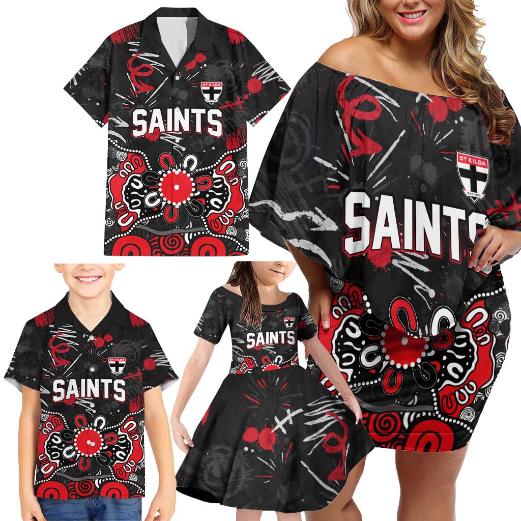 Personalized St Kilda Saints Family Matching Off Shoulder Short Dress and Hawaiian Shirt Aboriginal Dot Painting Graffiti Style
