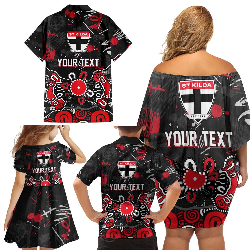 Personalized St Kilda Saints Family Matching Off Shoulder Short Dress and Hawaiian Shirt Aboriginal Dot Painting Graffiti Style