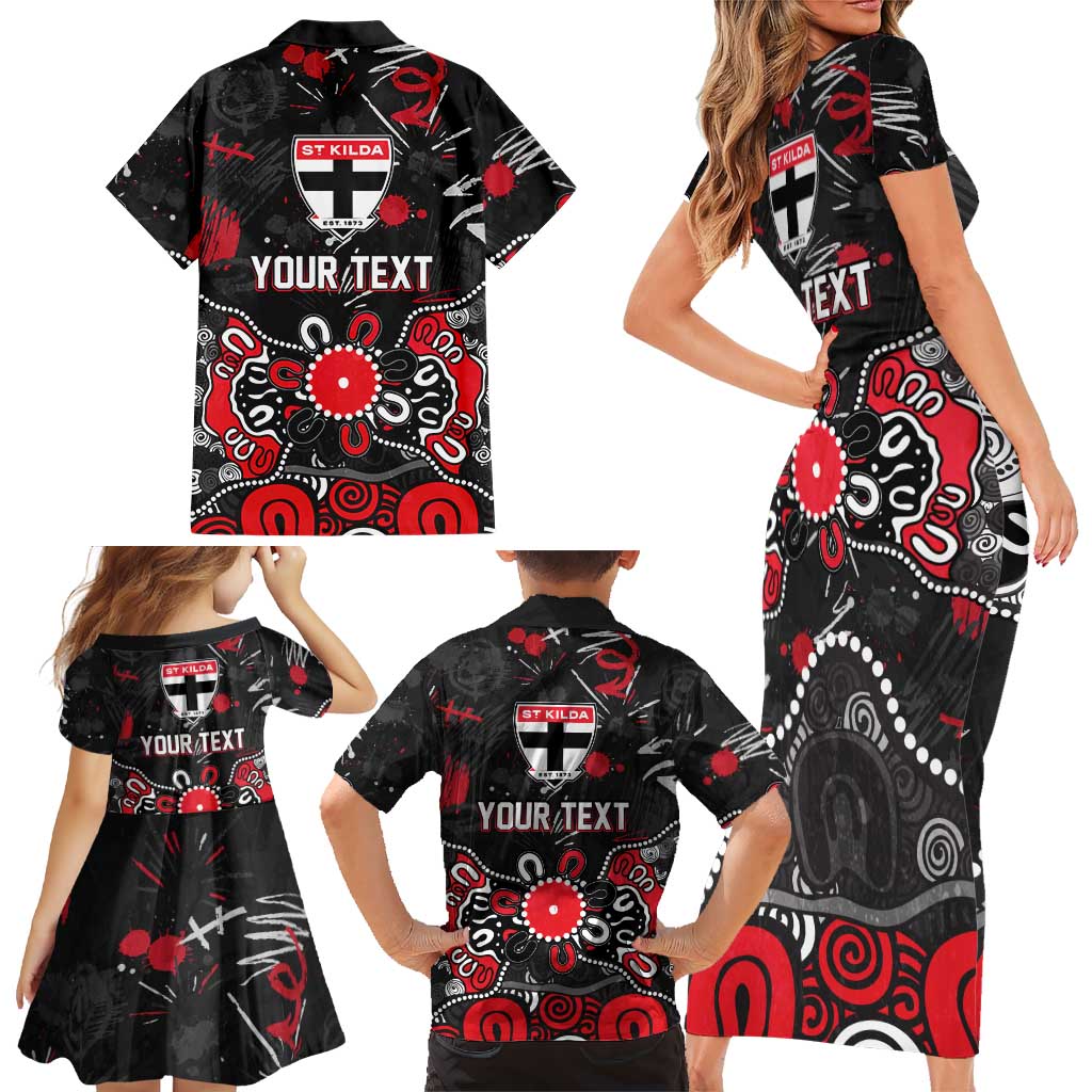 Personalized St Kilda Saints Family Matching Short Sleeve Bodycon Dress and Hawaiian Shirt Aboriginal Dot Painting Graffiti Style