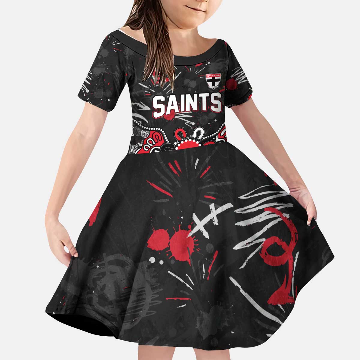Personalized St Kilda Saints Kid Short Sleeve Dress Aboriginal Dot Painting Graffiti Style