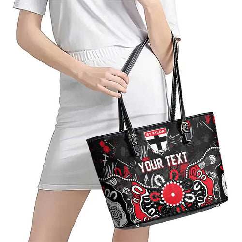 Personalized St Kilda Saints Leather Tote Bag Aboriginal Dot Painting Graffiti Style
